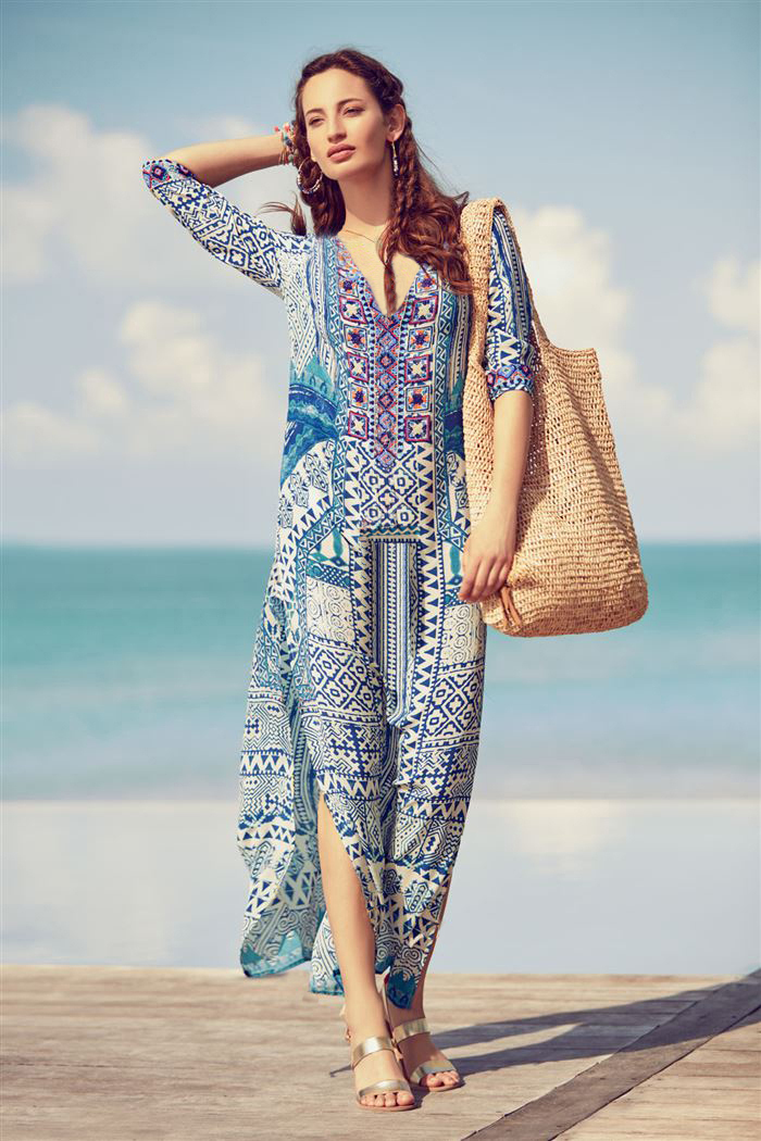 F4761 Boho Resort V Neck Women Shift Cover-Ups Beach Dresses